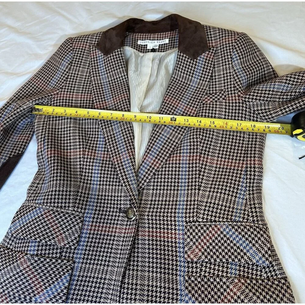 Veronica Beard Women's Destry Suede Trimmed Houndstooth Tweed Blazer Brown 6 - Picture 7 of 10